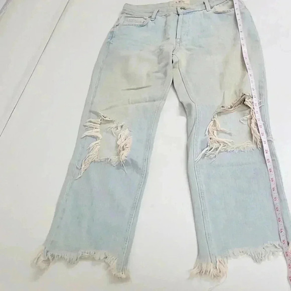Free People Maggie Straight Leg Mid Rise Distressed Denim Jeans Paradise Blue - Picture 3 of 15